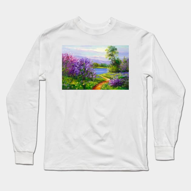 Blooming lilac by the river Long Sleeve T-Shirt by OLHADARCHUKART